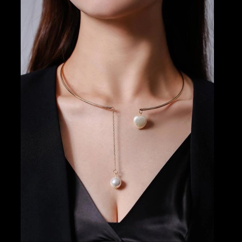 💥3for$28 New Faux Pearl Open Cuff Heart Necklace Drop Pearl Statement Necklace - Picture 6 of 15